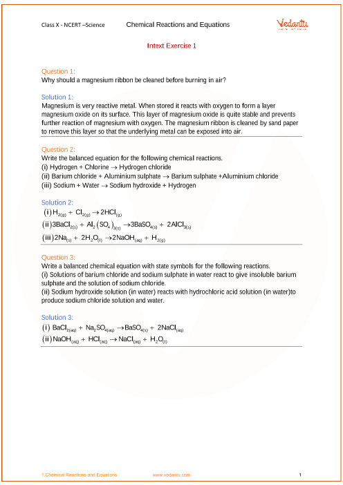 Ncert Solutions For Class 10 Science Chapter 1 Chemical Reactions And Equations Free Pdf