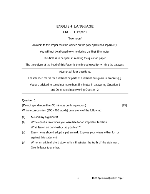 ICSE Sample Question Papers for Class 10 English language - Mock Paper 1