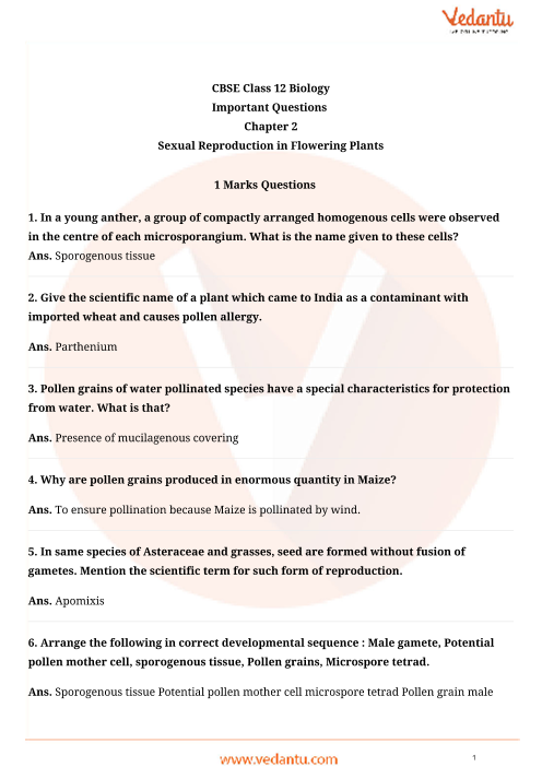 Important Questions For Cbse Class 12 Biology Chapter 2 Sexual Reproduction In Flowering Plants