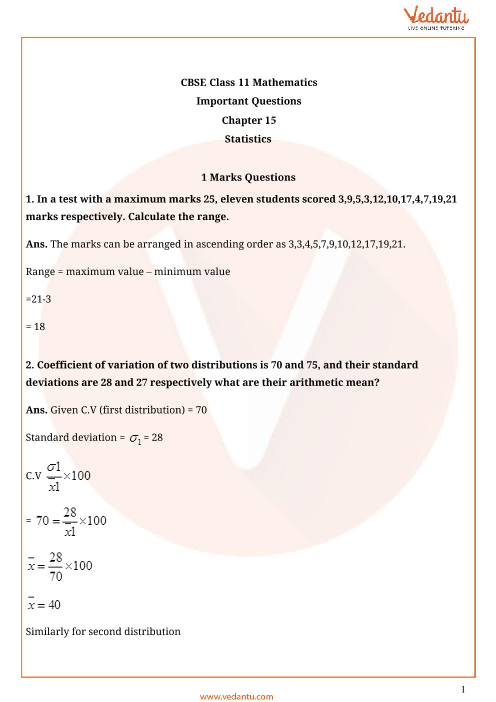 Important Questions for CBSE Class 11 Maths Chapter 15 - Statistics