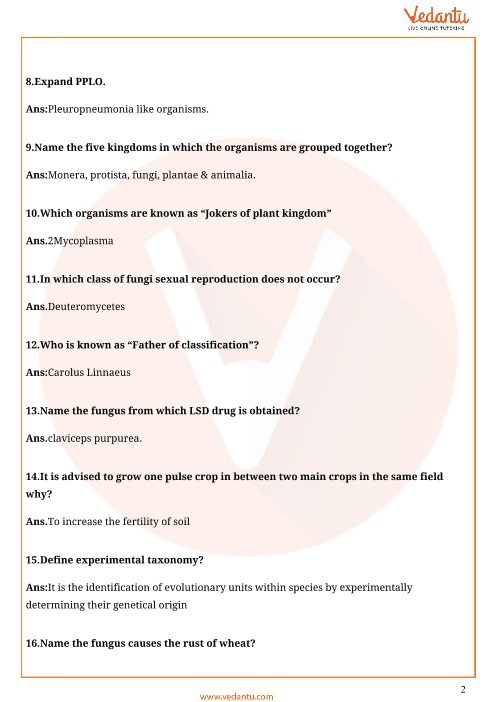 Important Questions For Cbse Class 11 Biology Chapter 2 Biological Classification