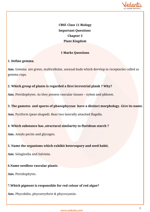 Important Questions For Cbse Class 11 Biology Chapter 3 Plant Kingdom