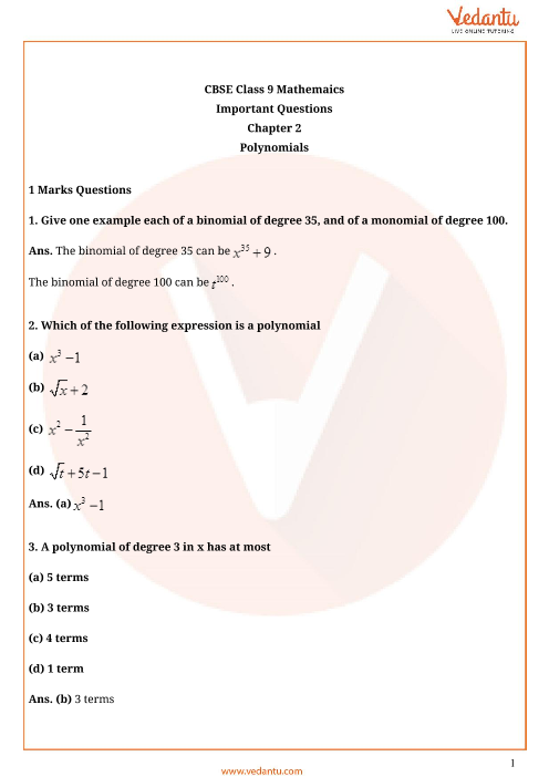 Important Questions For Cbse Class 9 Maths Chapter 2 Polynomials