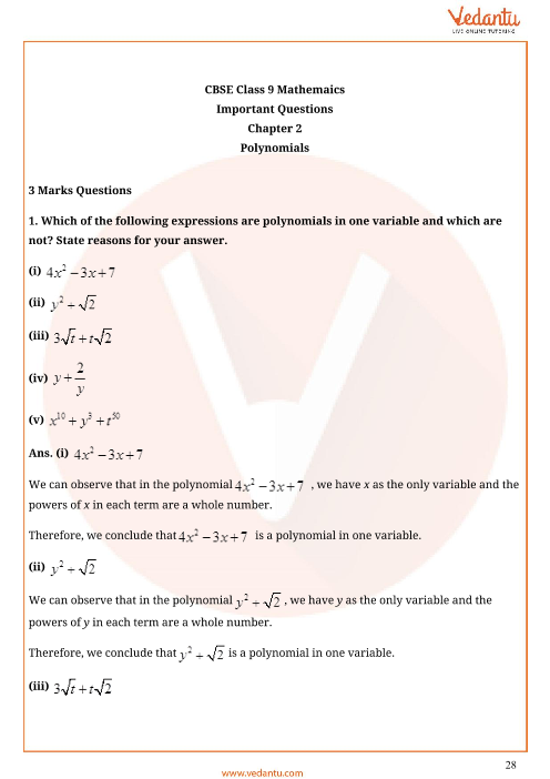 Important Questions For Cbse Class 9 Maths Chapter 2 Polynomials