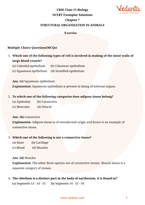 Ncert Exemplar For Class 11 Biology Chapter 7 Structural Organisation In Animals Book Solutions