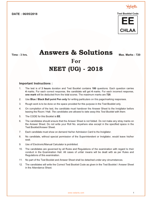 NEET 2018 Question Paper with Solutions and Answers Keys for CodeEE