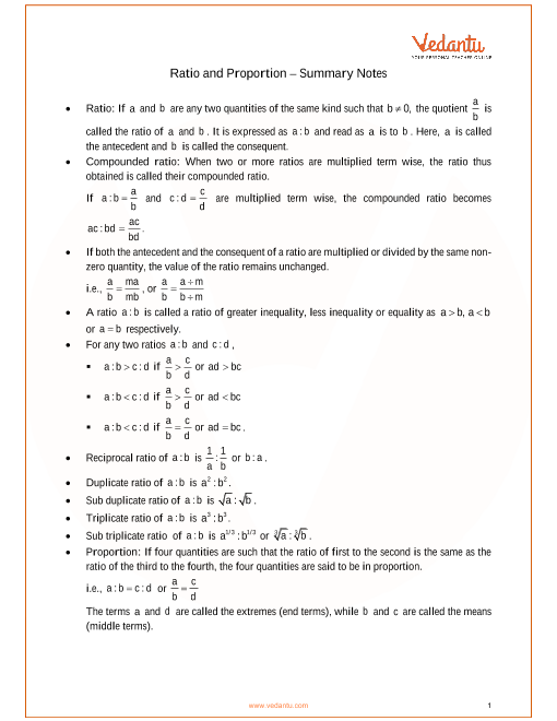 Icse Class 10 Mathematics Chapter 7 Ratio And Proportion Revision Notes