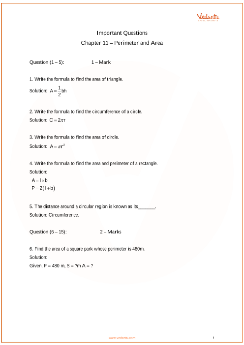Important Questions For Cbse Class 7 Maths Chapter 11 Perimeter
