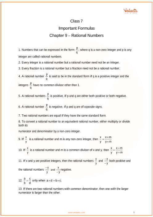 CBSE Class 7 Maths Chapter 9 - Rational Numbers Formulas