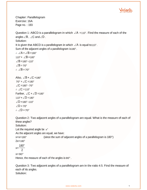 Rs Aggarwal Class 8 Mathematics Solutions For Chapter 16 Parallelograms