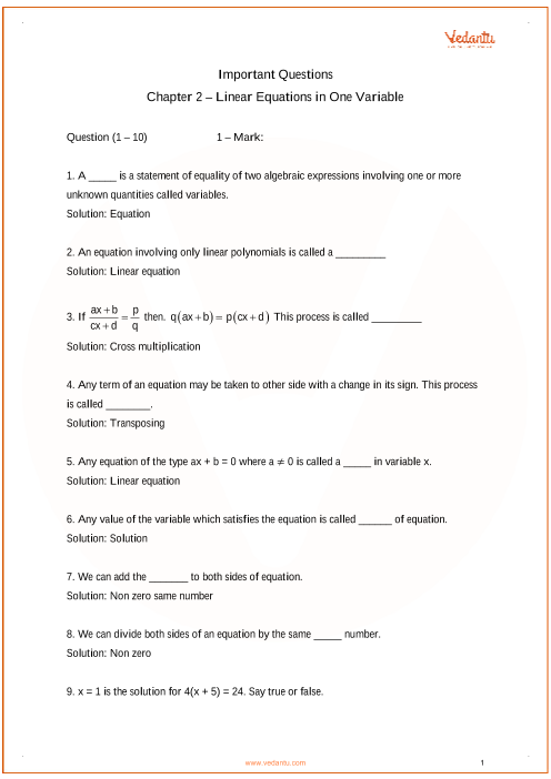 Important Questions For Cbse Class 8 Maths Chapter 2 Linear