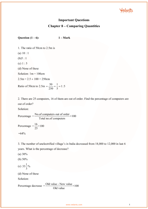 Important Questions For Cbse Class 8 Maths Chapter 8 Comparing