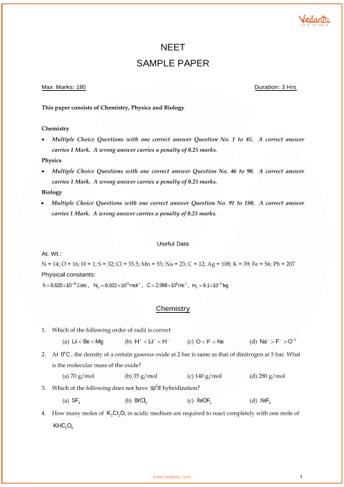 NEET Sample (Model-3) Question Paper with Answer Keys - Free PDF Download