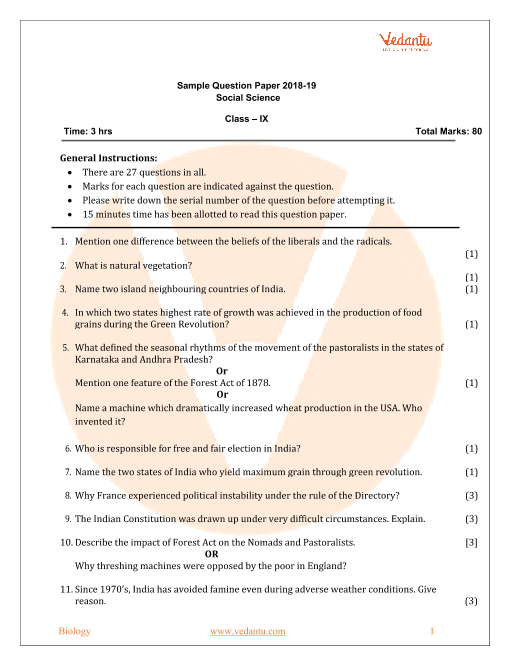 sample paper 9th class