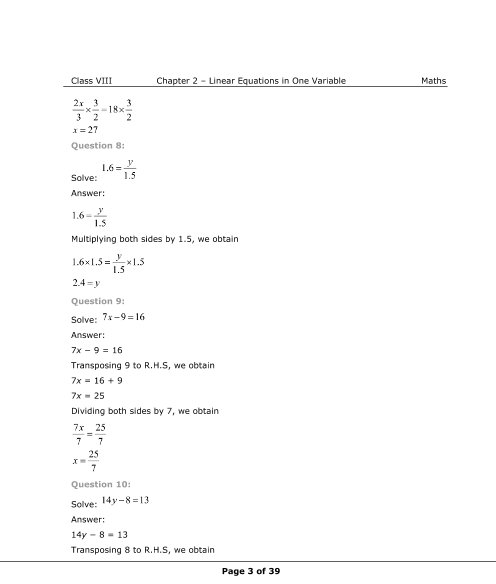 Class 8 Maths Linear Equations Worksheet - Tessshebaylo