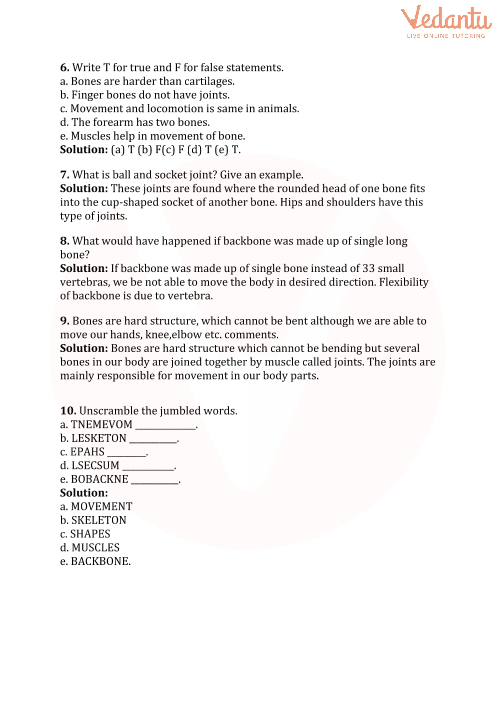 CBSE Class 6 Science Body Movements Worksheets with Answers - Chapter 8