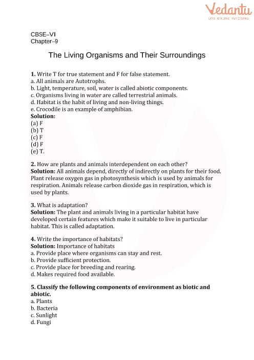 Cbse Class 6 Science The Living Organisms And Their Surroundings Worksheets With Answers Chapter 9