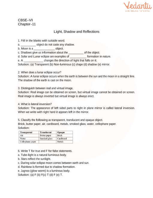 case study questions class 6 light shadow and reflection