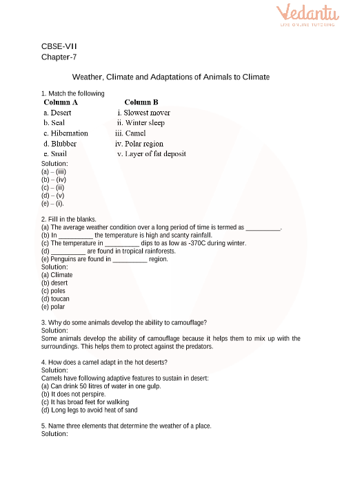 CBSE Class 7 Science Weather, Climate and Adaptations of Animals to Climate  Worksheets with Answers - Chapter 7