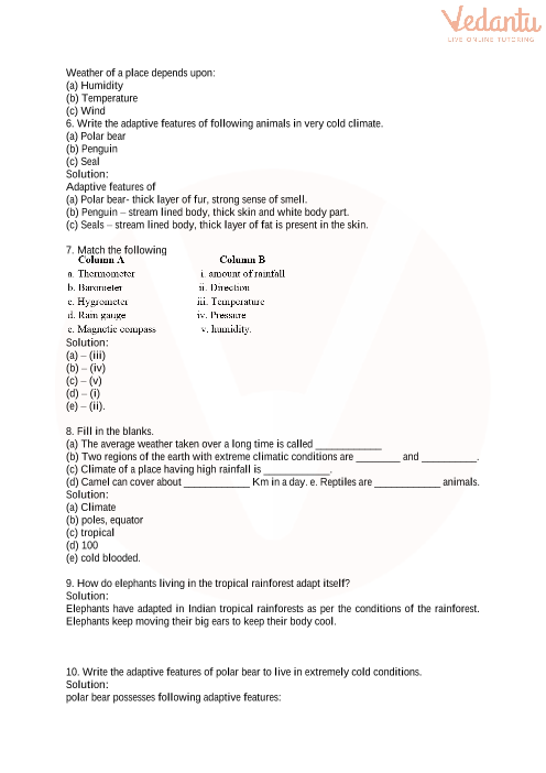CBSE Class 7 Science Weather, Climate and Adaptations of Animals to Climate  Worksheets with Answers - Chapter 7