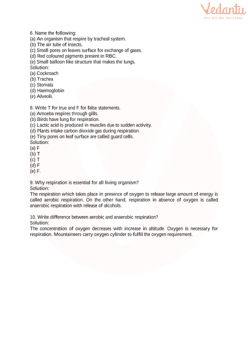 CBSE Class 7 Science Respiration in Organisms Worksheets with Answers -  Chapter 10