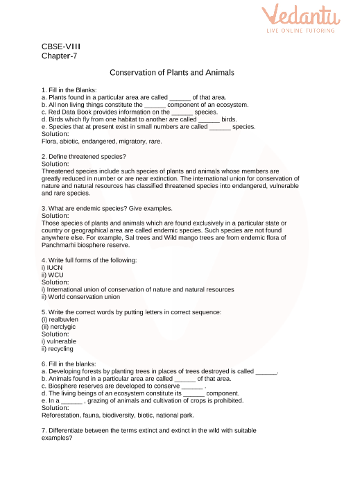 CBSE Class 8 Science Conservation of Plants and Animals Worksheets with  Answers - Chapter 7
