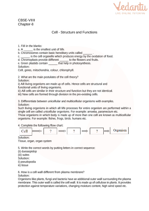 cbse class 8 science cell worksheets with answers chapter 8