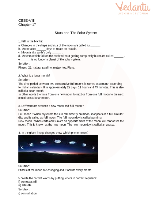 cbse class 8 science stars and the solar system worksheets with answers chapter 17