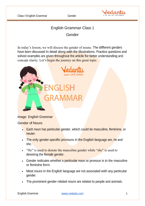 English Grammar Class 1 Gender |Learn and Practice| Download Free PDF