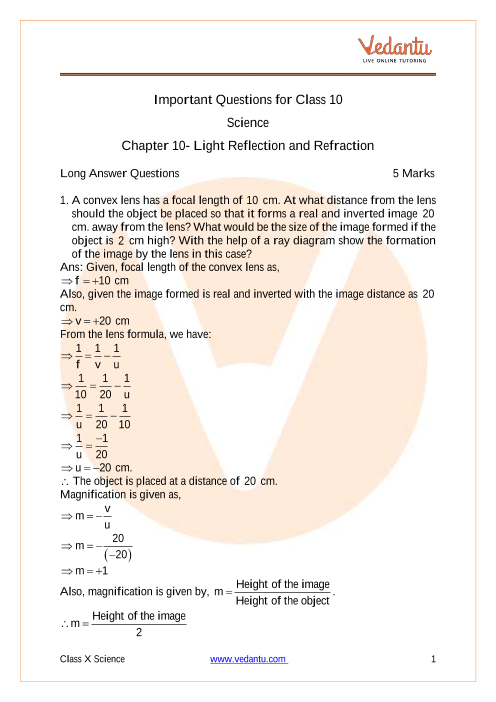 CBSE Class 10 Science Chapter 10 Light Reflection and Refraction Important  Questions 2023-24