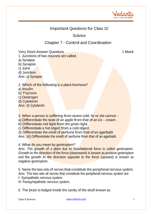 CBSE CBSE Class 10 Science Chapter 7 Control and Coordination Important  Questions 2022-23