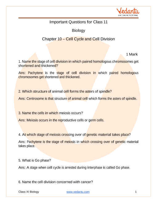 CBSE Class 11 Biology Chapter 10 - Cell Cycle and Cell Division Important  Questions 2022-23