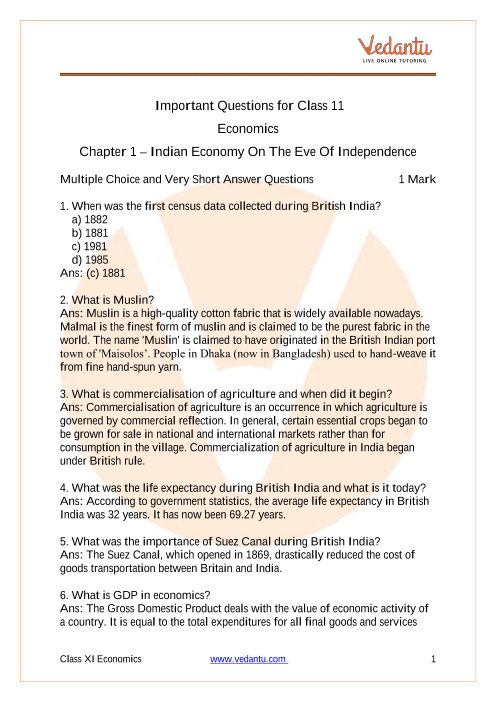 Important Questions For Cbse Class 11 Indian Economic Development Chapter 1