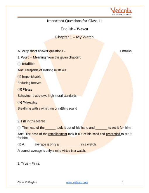 Study Important Questions For Class 11 English - Woven Chapter 1 – My Watch part-1