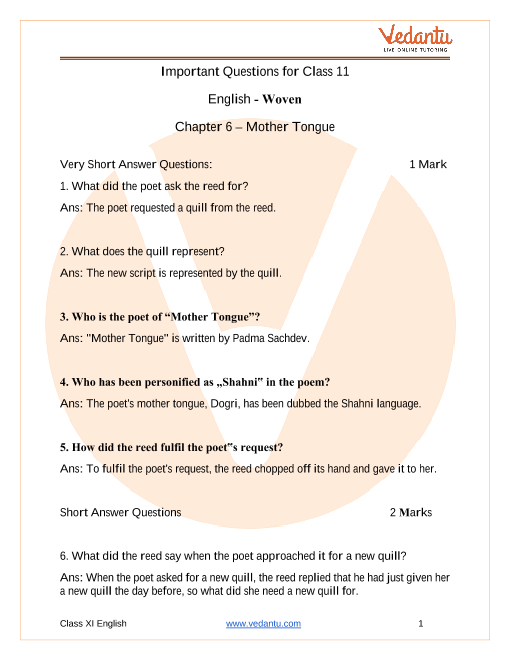 Study Important Questions For Class 11 English Woven Poem Chapter 6 - Mother Tongue part-1