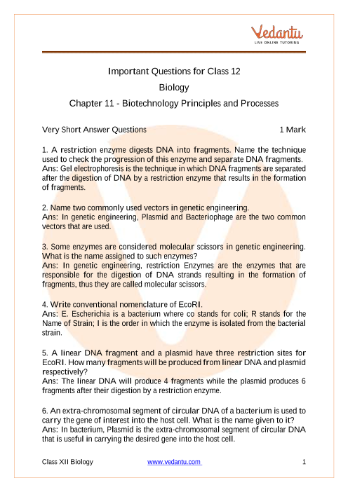 CBSE Class 12 Biology Chapter 11 Biotechnology: Principle and Process  Important Questions 2022-23