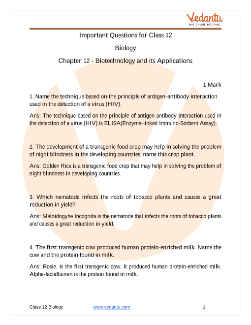 CBSE Class 12 Biology Chapter 12 - Biotechnology and Its Applications  Important Questions 2022-23