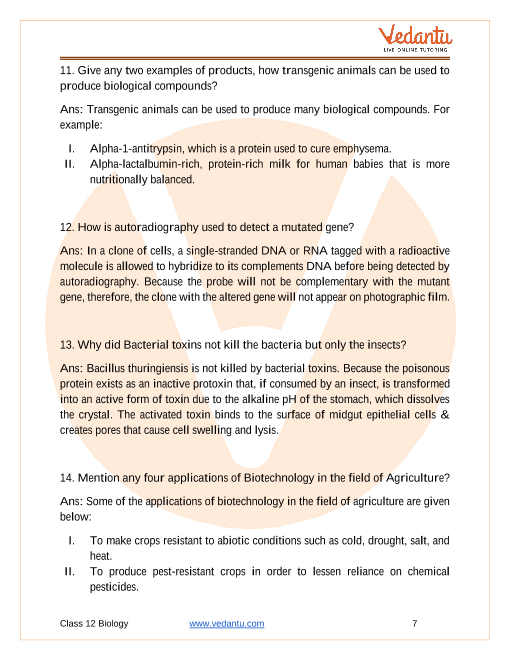 CBSE Class 12 Biology Chapter 12 - Biotechnology and Its Applications  Important Questions 2022-23
