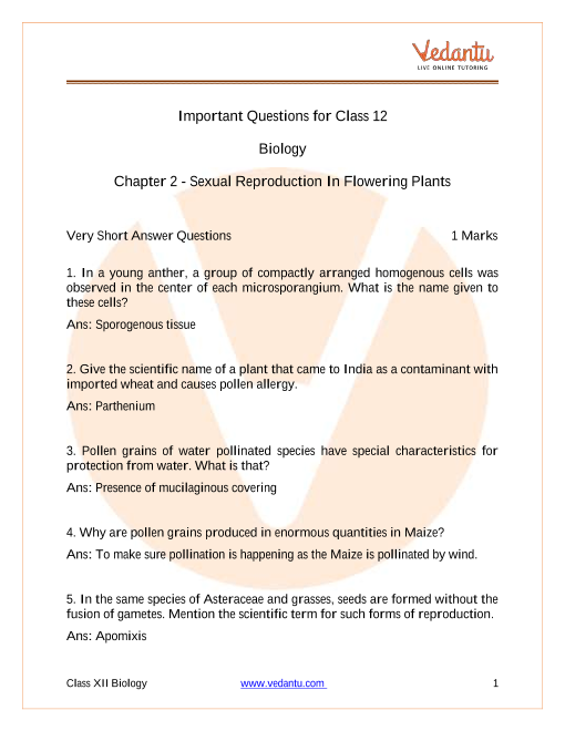 CBSE Class 12 Chapter 2 Sexual Reproduction in Flowering Plants Important  Questions 2022-23