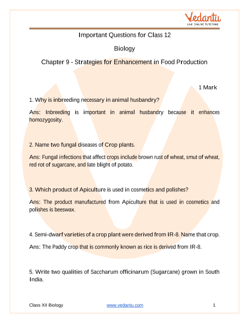 CBSE Class 12 Biology Chapter 9 Strategies for Enhancement in Food  Production Important Questions 2022-23