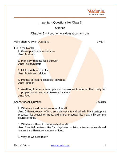 CBSE Class 6 Science Chapter 1 Food: Where Does It Come From? Important  Questions 2022-23