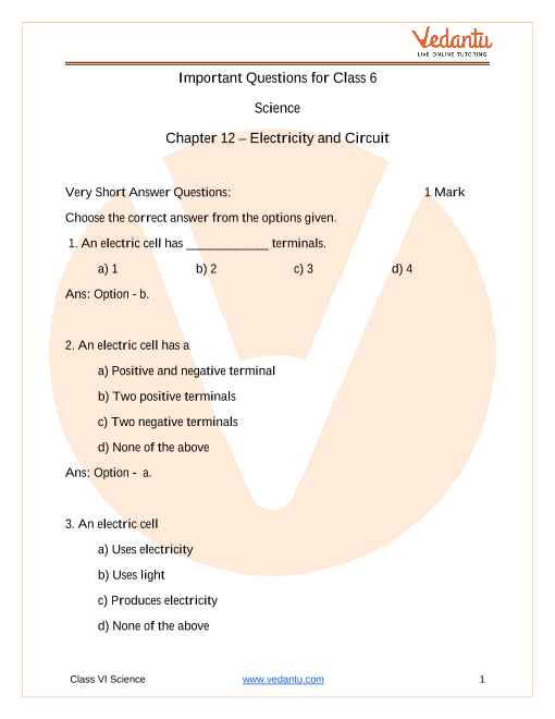 important questions for cbse class 6 science chapter 12 electricity and circuits