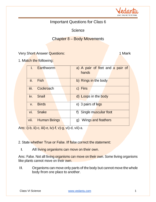 CBSE Class 6 Science Chapter 8 - Body Movements Important Questions 2022-23