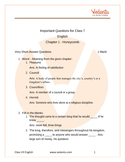 Important Questions for CBSE Class 7 English Honeycomb Chapter 1 - Three Questions part-1