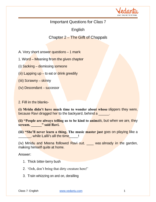 Important Questions for CBSE Class 7 English Honeycomb Chapter 2 - A Gift  Of Chappals