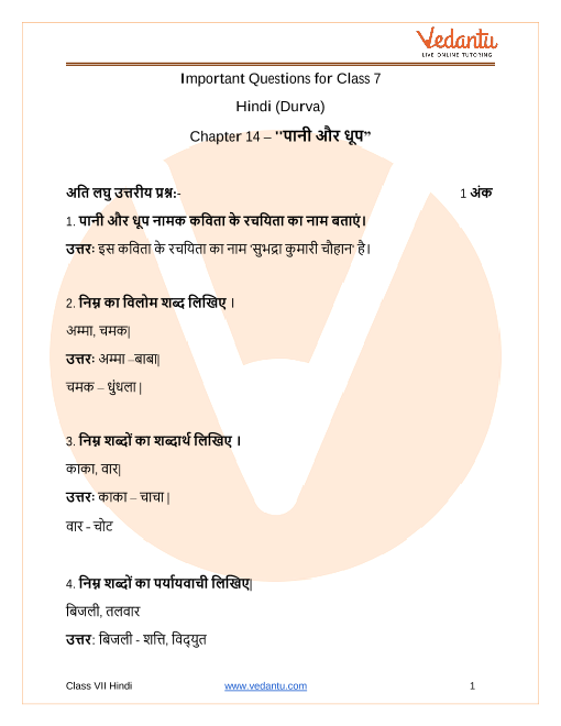 Important Questions for CBSE Class 7 Hindi Durva Chapter 14 - Paani Aur Dhoop