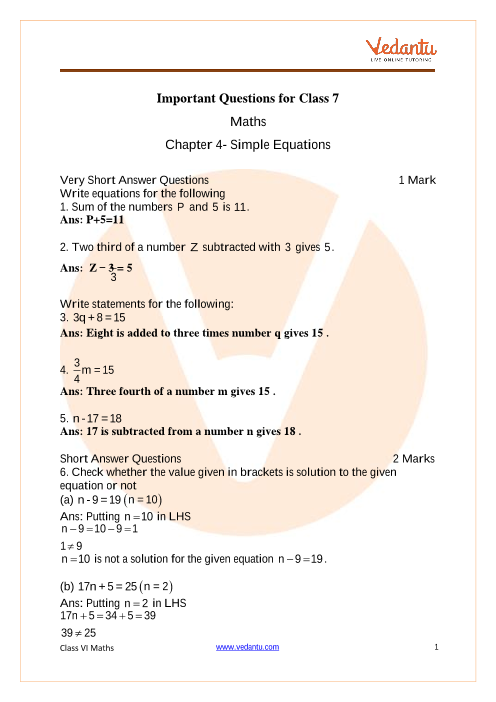 case study based questions on simple equations class 7