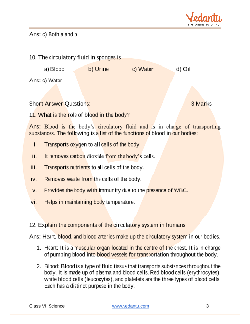 Important Questions for CBSE Class 7 Science Chapter 11 - Transportation in  Animals and Plants