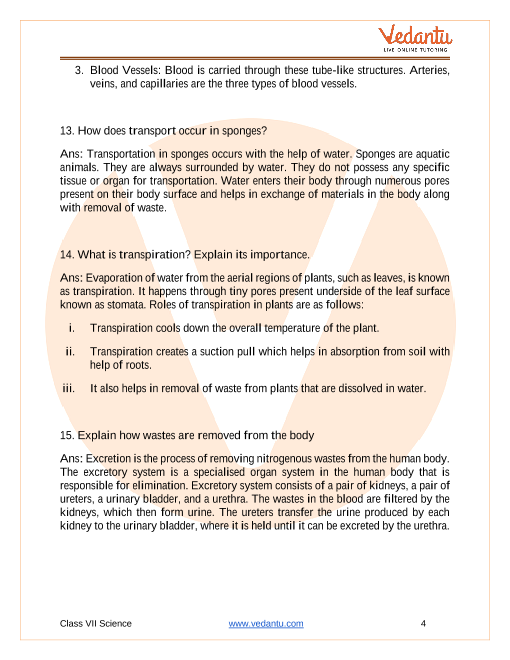 Important Questions for CBSE Class 7 Science Chapter 11 - Transportation in  Animals and Plants