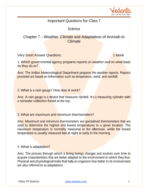 Important Questions for CBSE Class 7 Science Chapter 7 - Weather, Climate  and Adaptations of Animals to Climate